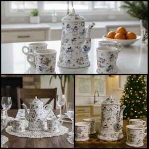 Vintage Grace Snowman Christmas Holiday Porcelain Tea\Coffee Set Kettle/4 Mugs